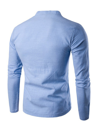 Men's Solid Color Slub Notched Collar With Button Up Long Sleeve T Shirt