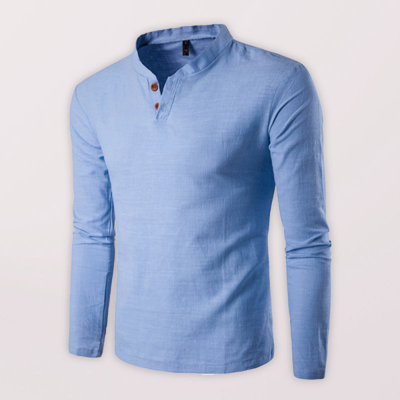 Men's Solid Color Slub Notched Collar With Button Up Long Sleeve T Shirt