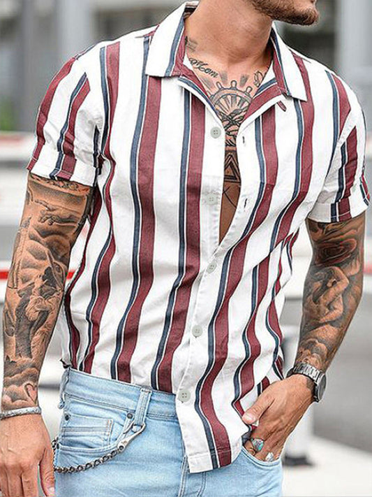 Casual striped slim-fit lapel cotton thin youth short-sleeved lapel shirt cardigan