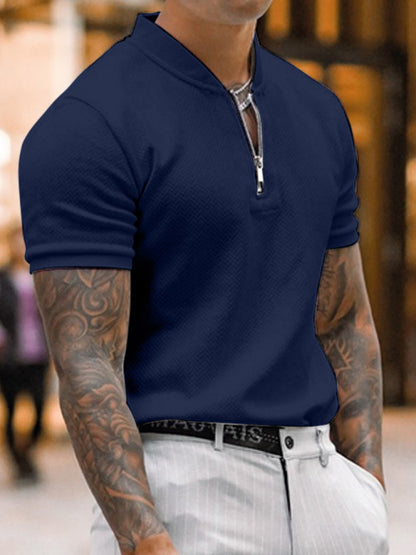 Men's Solid Color Zipper Stand Collar Casual Short Sleeve T-shirt