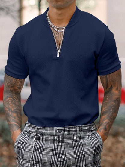 Men's Solid Color Zipper Stand Collar Casual Short Sleeve T-shirt