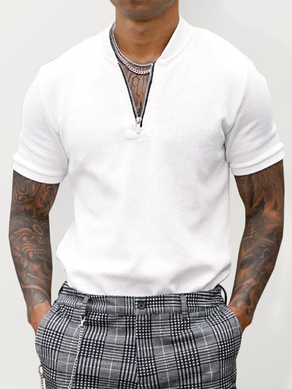 Men's Solid Color Zipper Stand Collar Casual Short Sleeve T-shirt