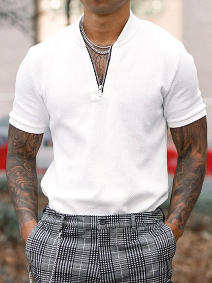 Men's Solid Color Zipper Stand Collar Casual Short Sleeve T-shirt