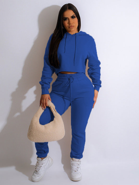 Women's solid color casual hooded sweatshirt suits