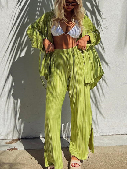 Women's Solid Color Pressed Pleated Long Sleeve Cardigan Shirt Slit Top Trousers Two-Piece Set