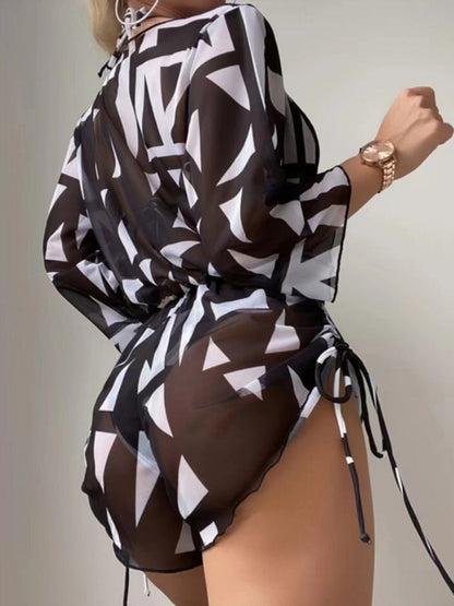 Women's Tropical Print Bikini Deep V-neck Long Sleeve Three Pieces Set
