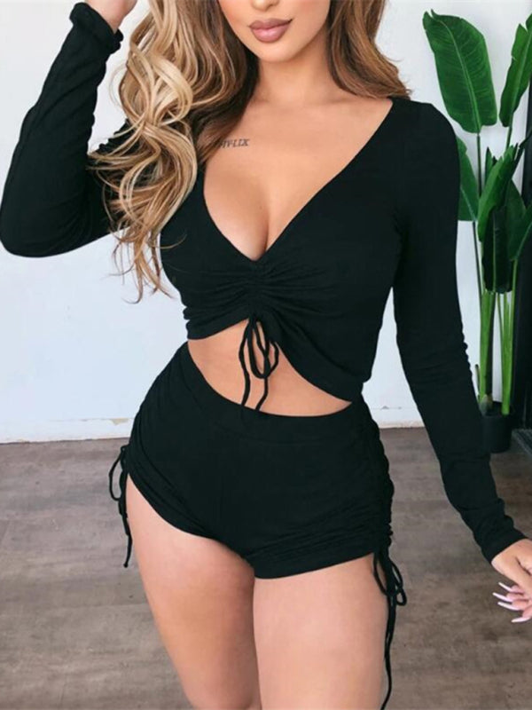 Women's Solid Color Ruched Crop Top And Shorts Set