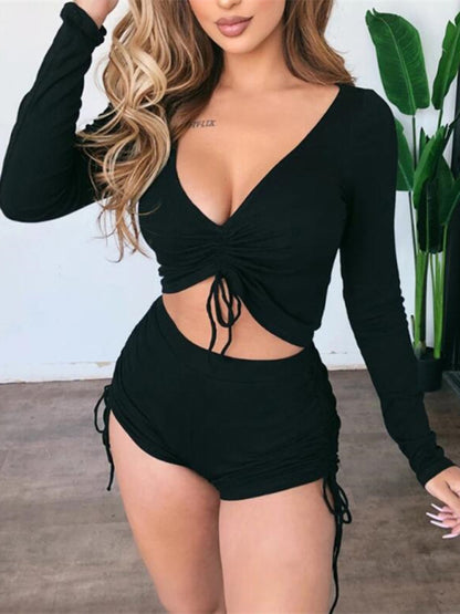 Women's Solid Color Ruched Crop Top And Shorts Set