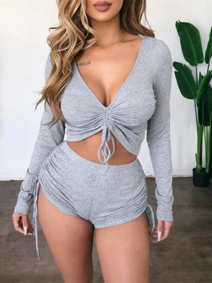 Women's Solid Color Ruched Crop Top And Shorts Set