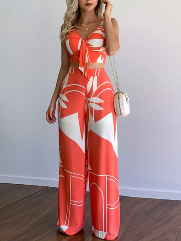 Linen-like casual suit V-neck high-waist printed wide-leg pants two-piece set