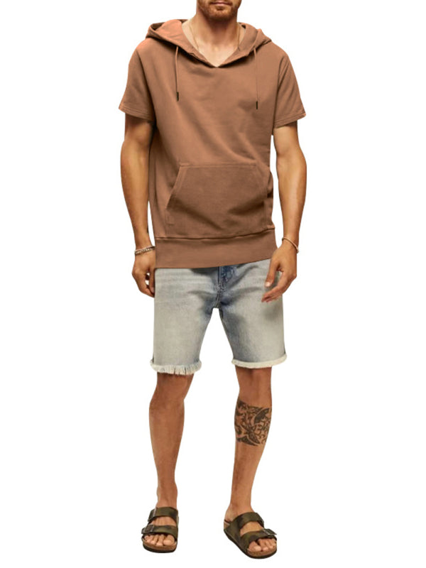 Men's Solid Color Short Sleeve Hooded Sweatshirt