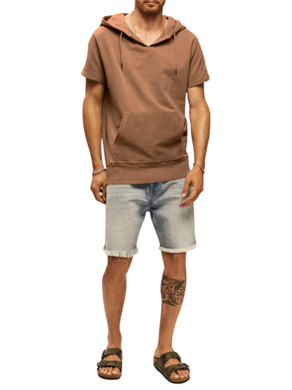 Men's Solid Color Short Sleeve Hooded Sweatshirt