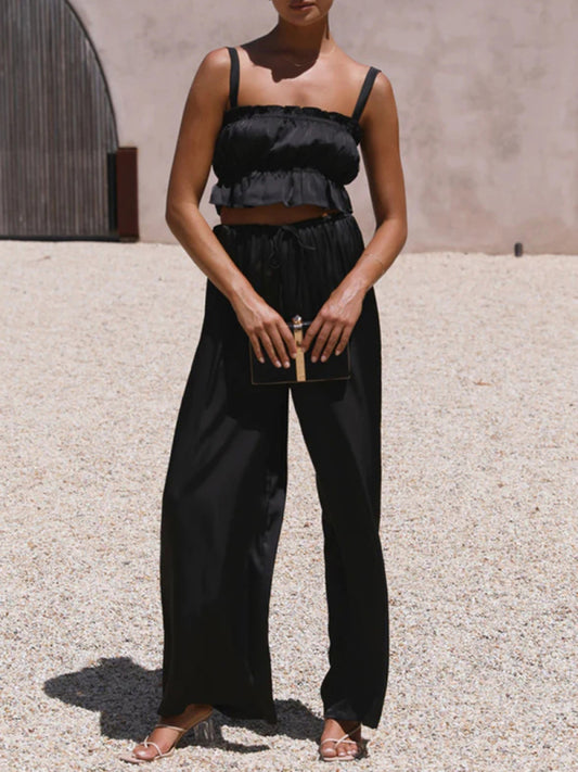 Women's Solid Color Ruffle Crop Top With Matching Wide-leg Pants