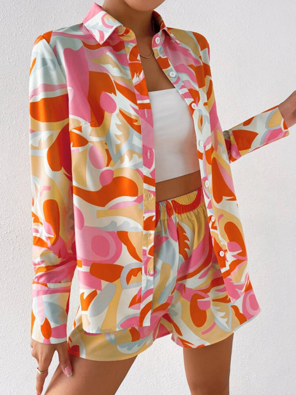Women’s Print Tie Front Long Sleeve Shirt With Matching Shorts