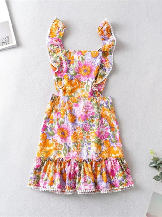 Back tie design sexy backless dress fresh and sweet short skirt popular ruffled print A-line skirt
