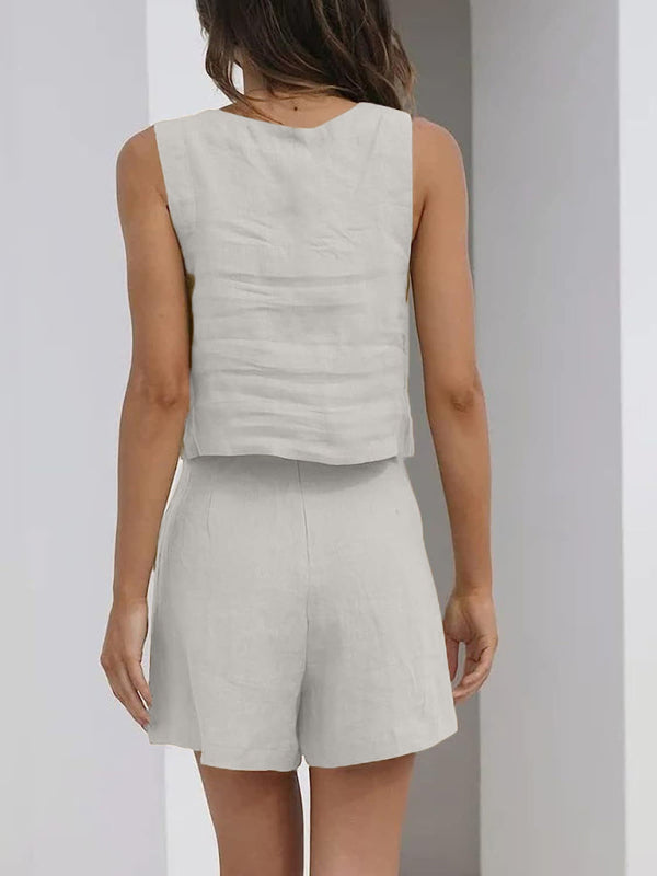 Women's Solid Color Casual Cotton Linen Sleeveless Square Neck Top + Shorts Two-Piece Set