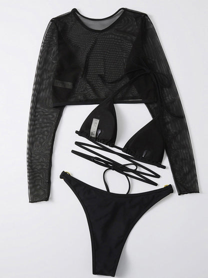 Women's Solid Color High Cut Waist Long Sleeve Cutout Three-Piece Swimsuit