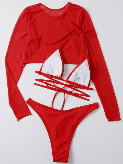 Women's Solid Color High Cut Waist Long Sleeve Cutout Three-Piece Swimsuit