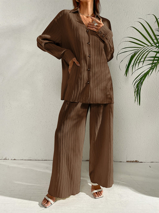 Women's Solid Color Edge Pleated Button-Up Shirt With Matching Pleated Wide-Leg Pants