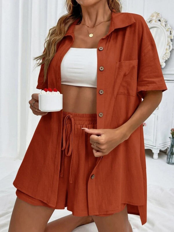 Loose-fit short-sleeve single-breasted shorts Two-piece solid-color shirt set