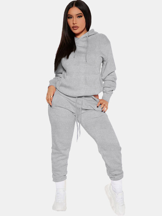 Women’s Solid Color Drawstring Hooded Sweatshirt & High Waisted Sweatpant Joggers