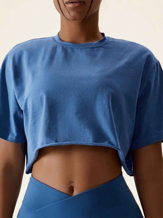 Women's Knitted Round Neck Versatile Fitness Top Loose Sports T-Shirt