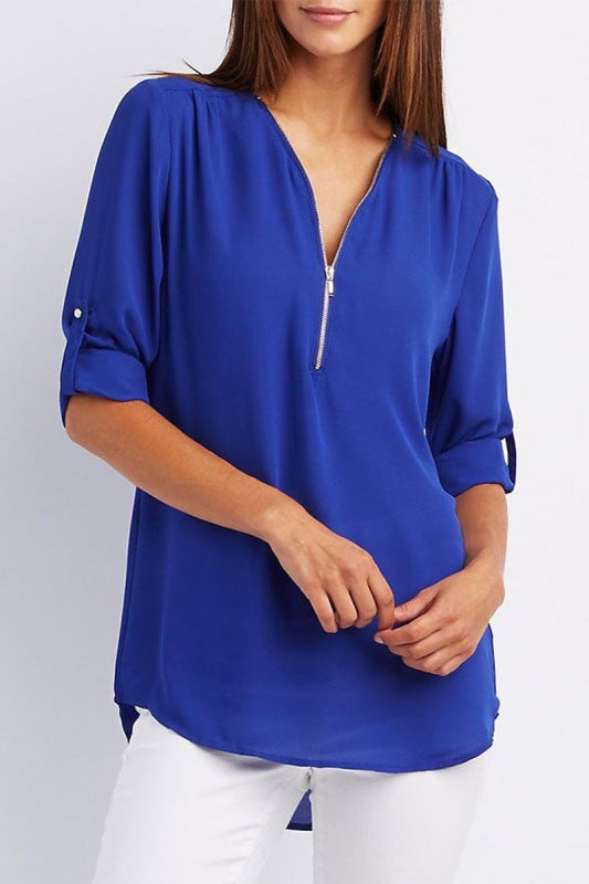 Women's Solid Color Zipper Trim Shirt